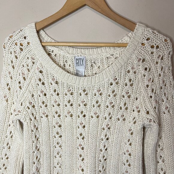 DKNY CITY 3/4-Sleeve Cream Fitted Scoop-Neck Sweater with Beaded Details, XL - Picture 2 of 10